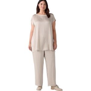 NWT Eileen Fisher Striated Silk Satin Straight Pant, Almond, Size XL